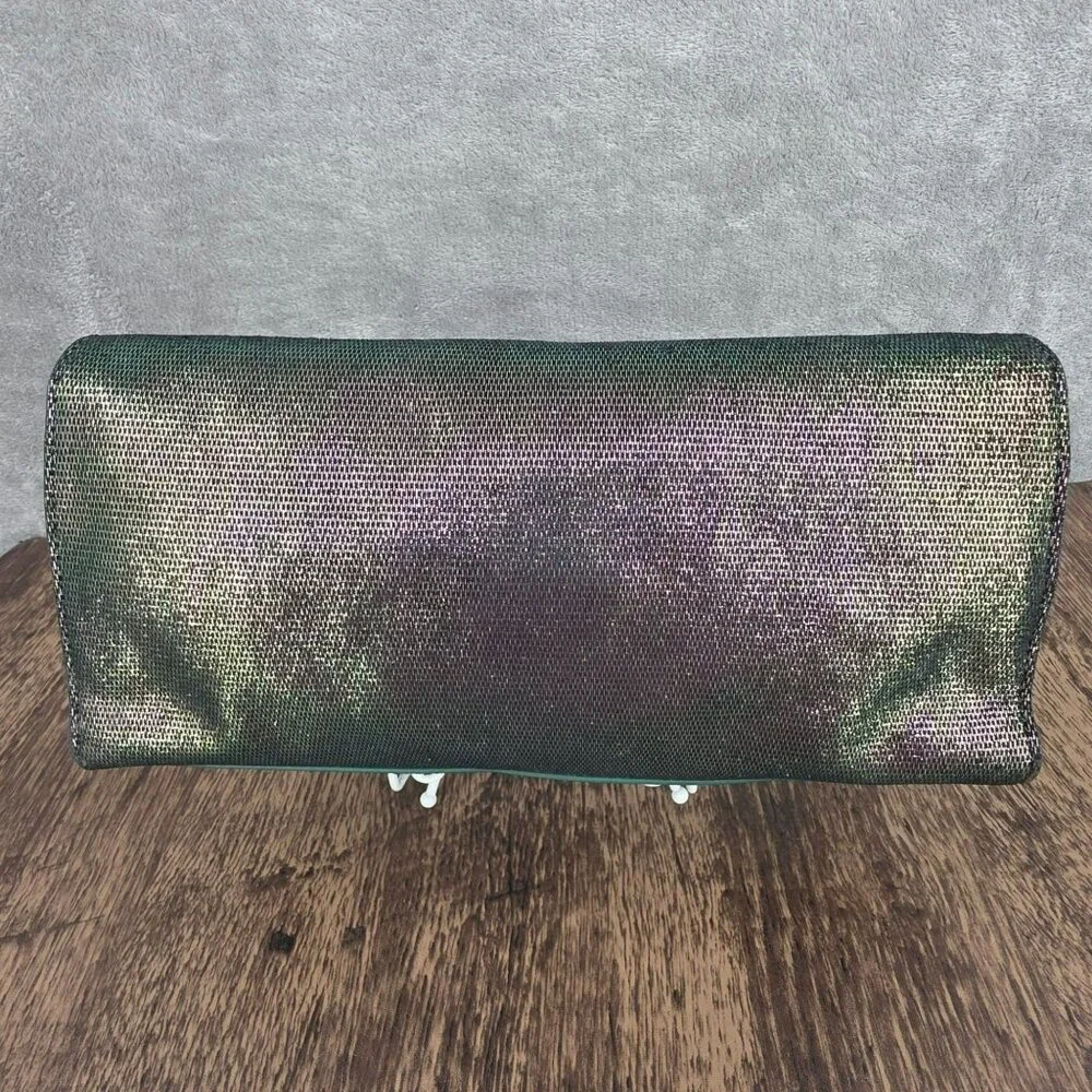 Tory Burch Austin Flap Clutch Bag Green Purple Iridescent Metallic Galaxy Cyber